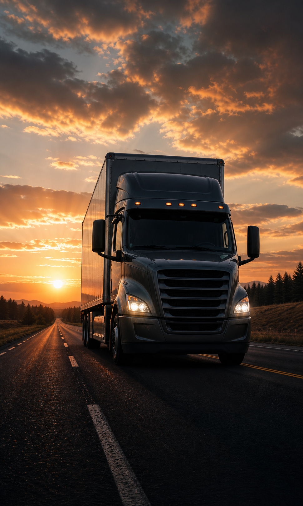 Expedited freight truck traveling at sunrise