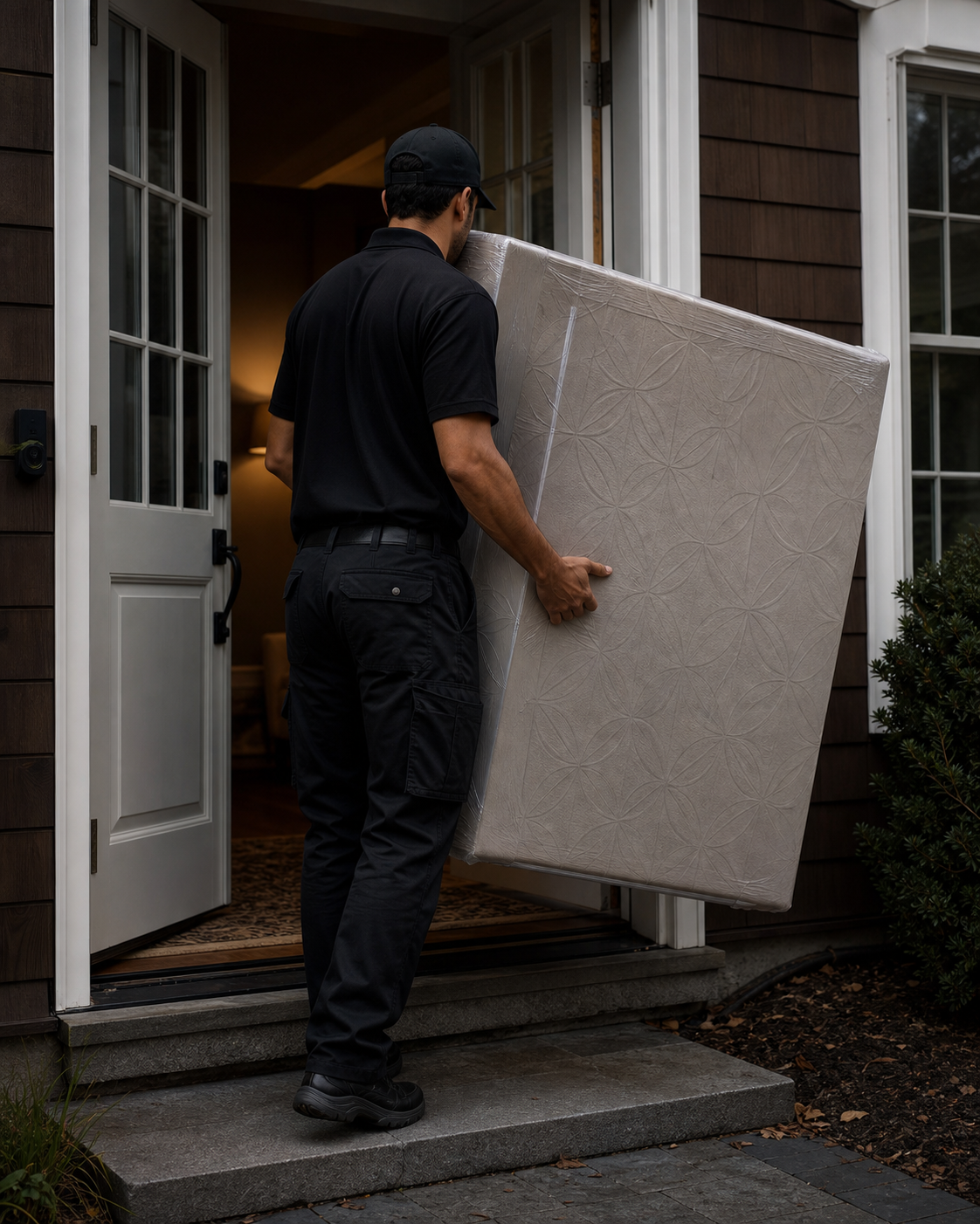 Delivery professional carrying a large package into a home