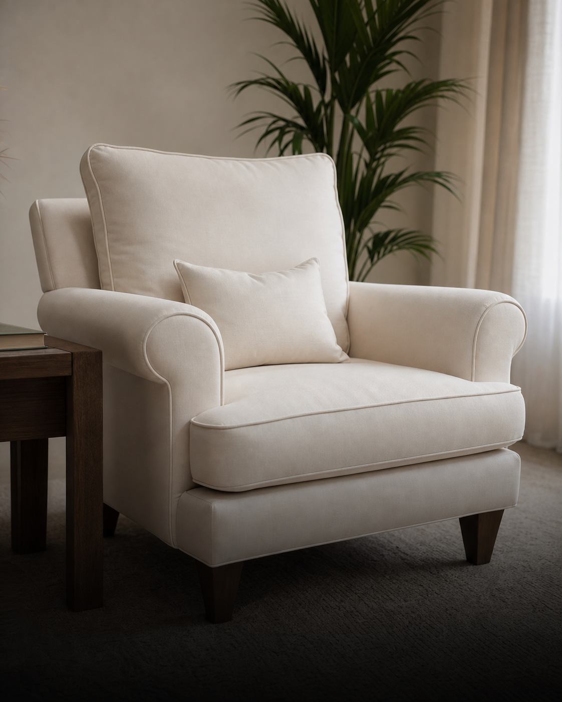 White upholstered chair installed in a finished living room